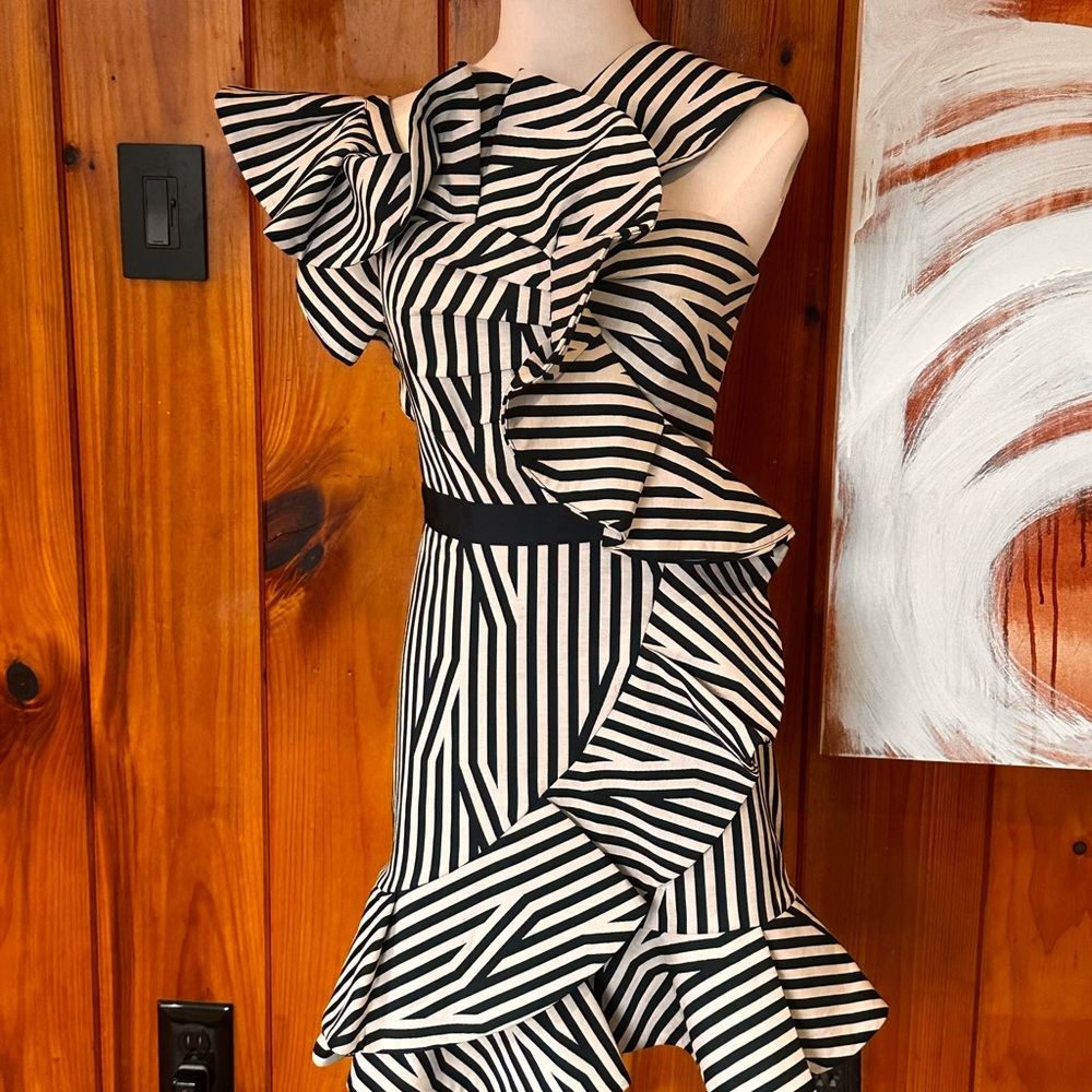 Self-Portrait Striped Asymmetrical Dress in Black and White